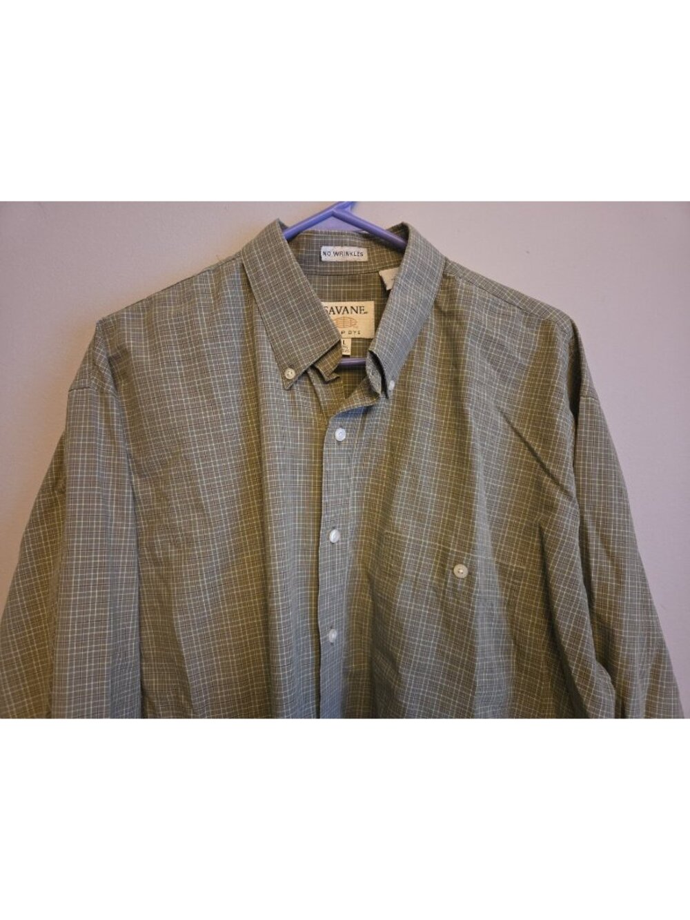 Mens Savane Shirt L Green Plaid Long Sleeve Button Down No Wrinkles Deep Dye